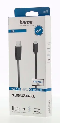 Hama USB-kaapeli, USB-A uros - Micro-USB uros, USB 2.0, 480 Mbit/s, 1,5 m - 2