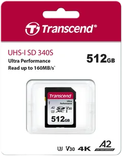 Transcend 340S 512GB U3 SDXC muistikortti (R160 W90 MB/s) - 2