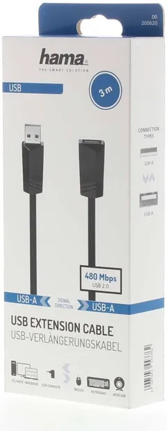 Hama USB-jatkokaapeli, USB-A uros - USB-A naaras, USB 2.0, 480 Mbit/s, 3,0 m - 2