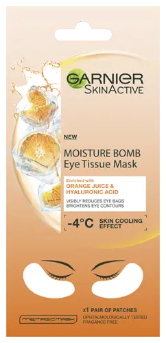 Garnier Skin Active Moisture Bomb Eye Tissue Mask Orange Juice silmänalusnaamio, silmäpusseista vähemmän näkyvät 6g