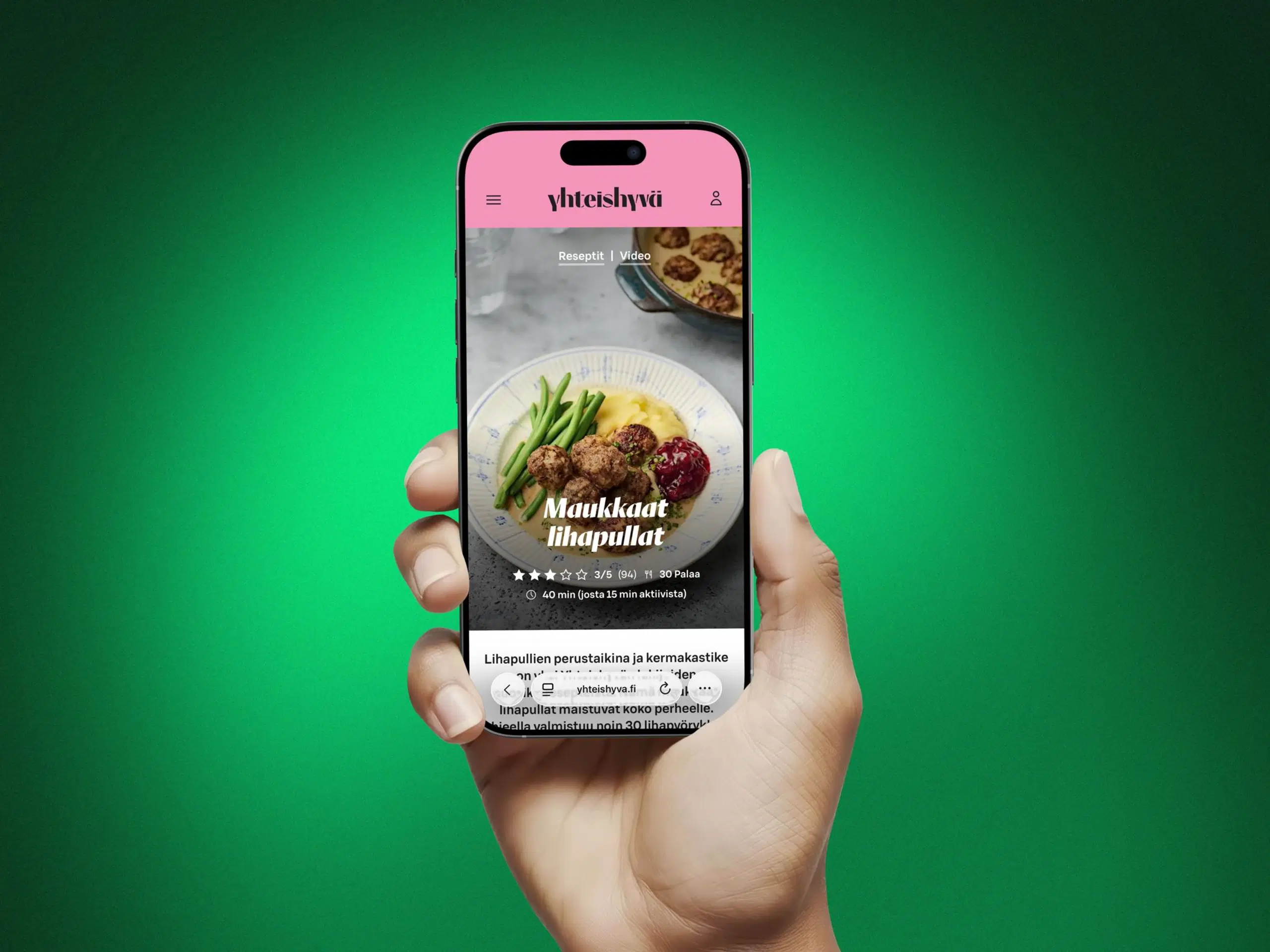 Yhteishyvän Maukkaat lihapullat puhelimen ruudulla