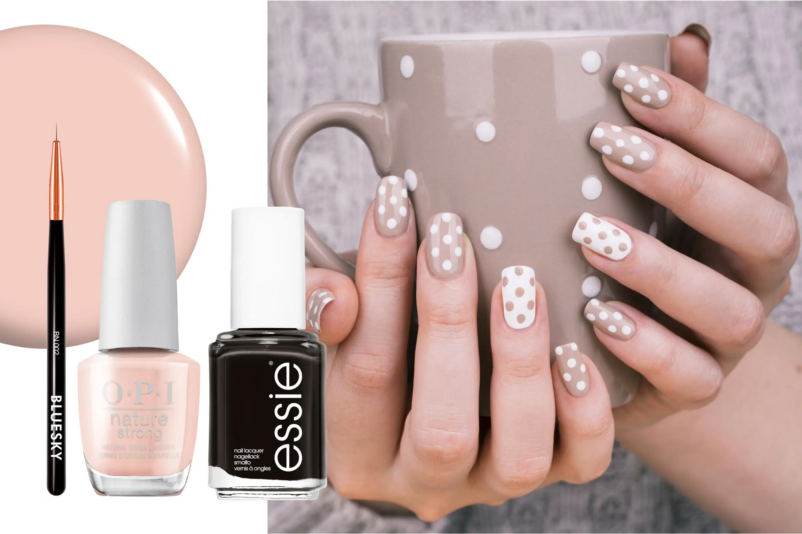 Kädet, kynsiin lakattu pilkkuja, tuotekuvia