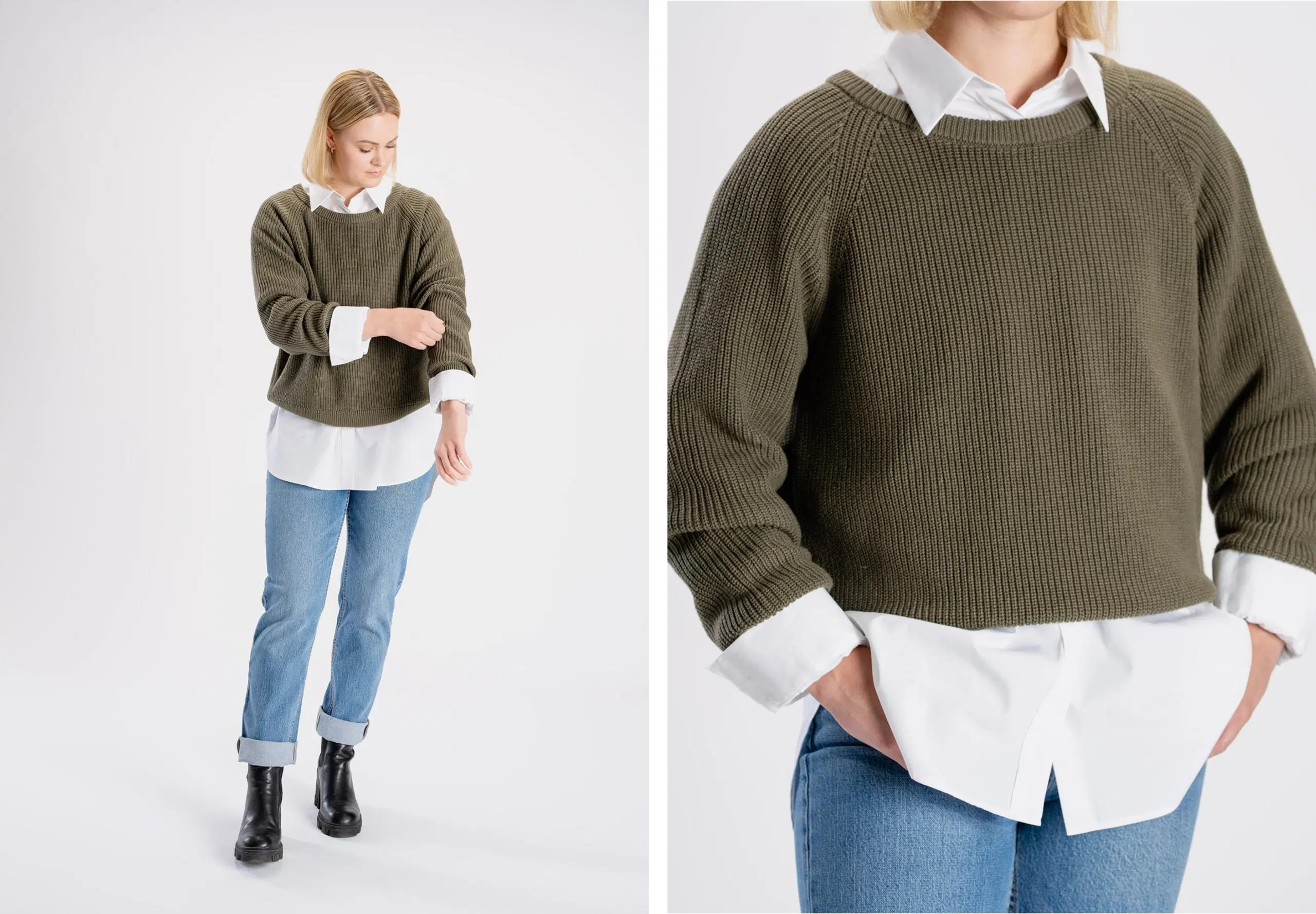 Mallilla on päällään neule ja sen alla kauluspaita.