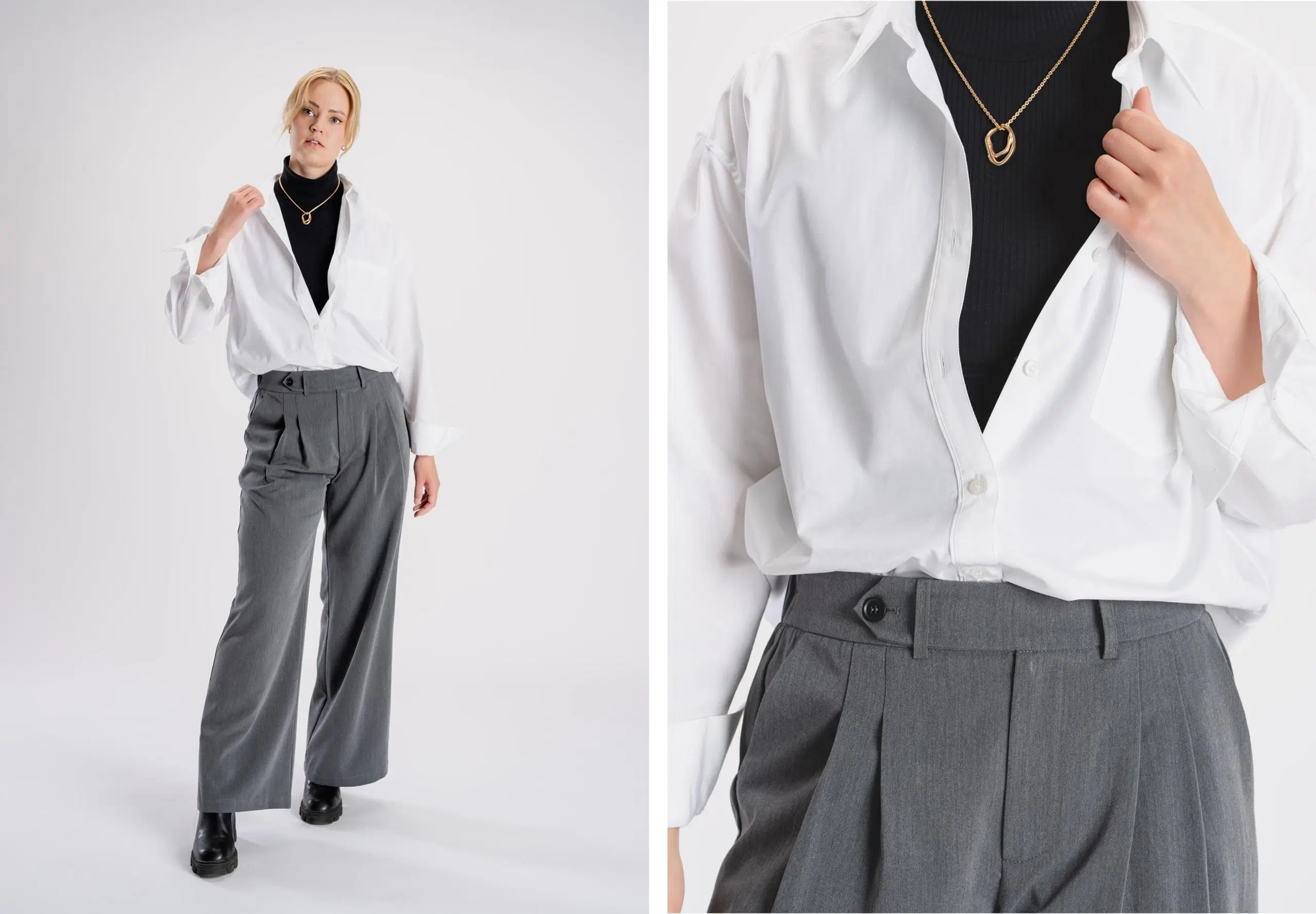 Mallilla on päällään kauluspaita, jonka alta näkyy poolo ja riipus.