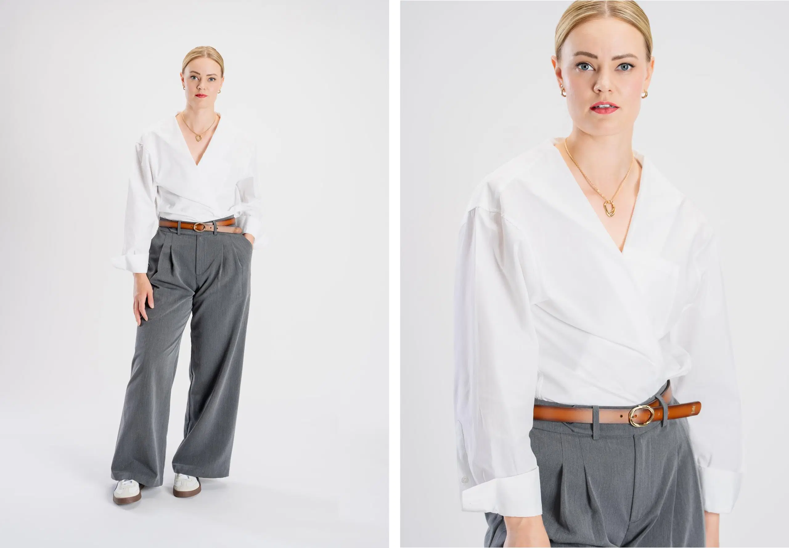 Mallilla on päällään kauluspaita, jonka kaulukset on käännetty pois näkyvistä, sekä suorat housut.