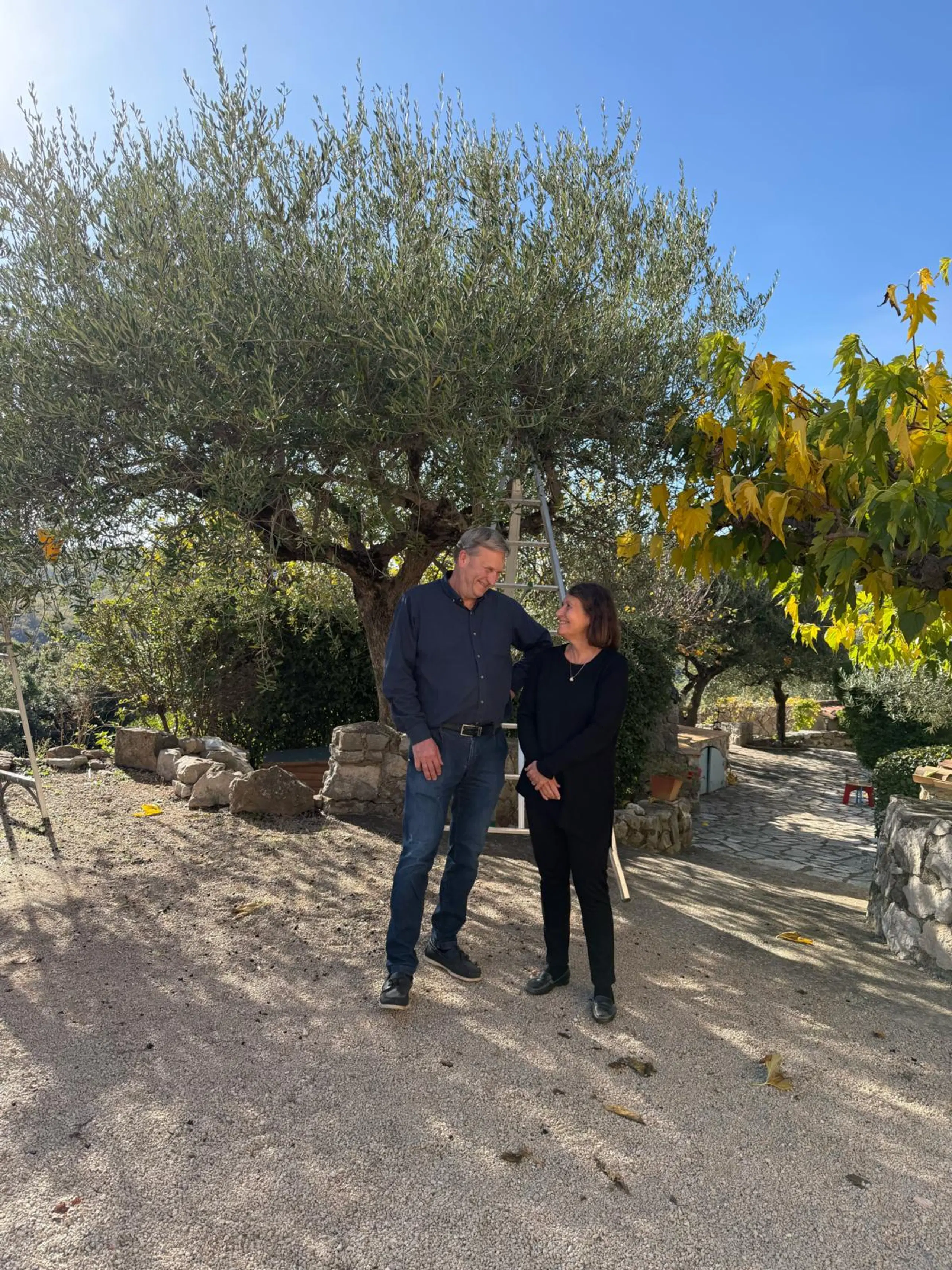 Mies ja nainen seisovat oliivipuun alla