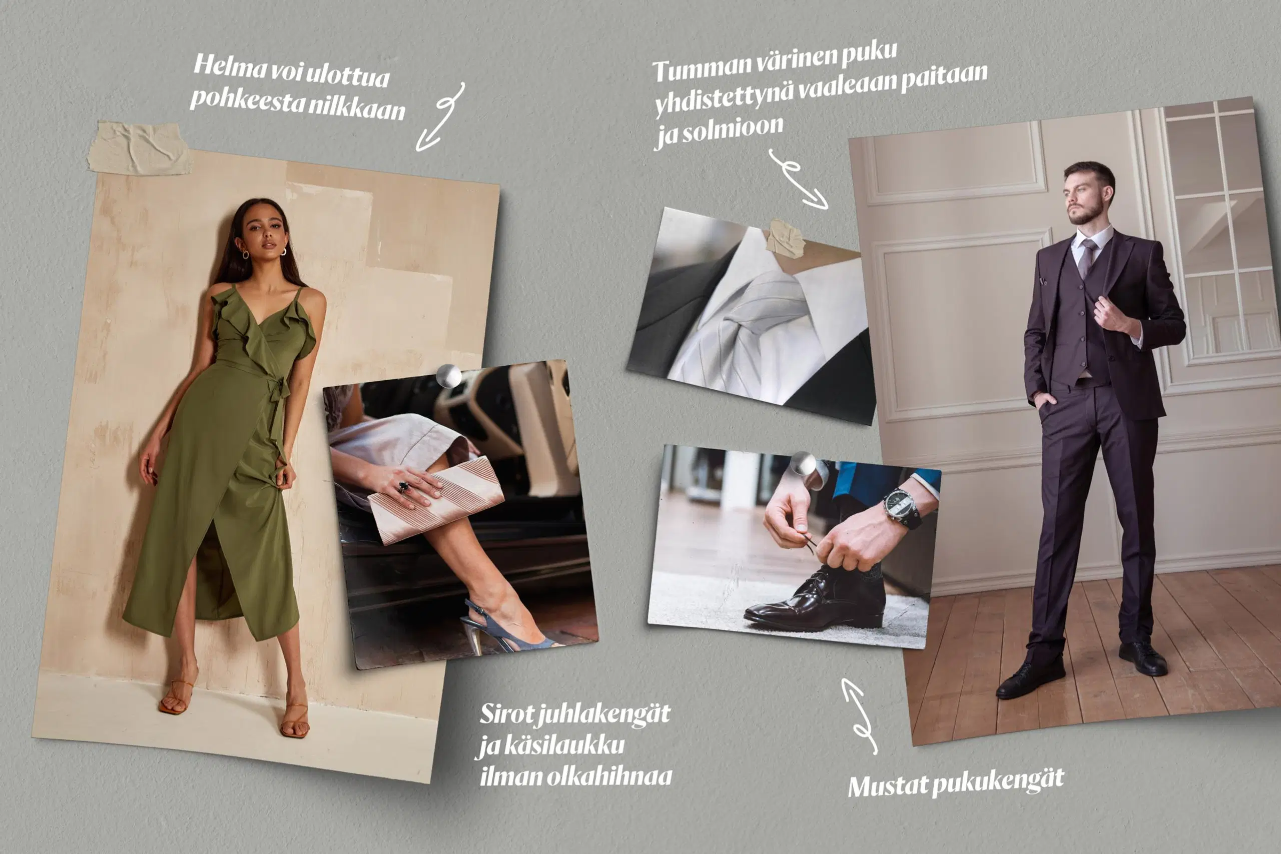 Nainen vihreässä mekossa, mies tummassa puvussa