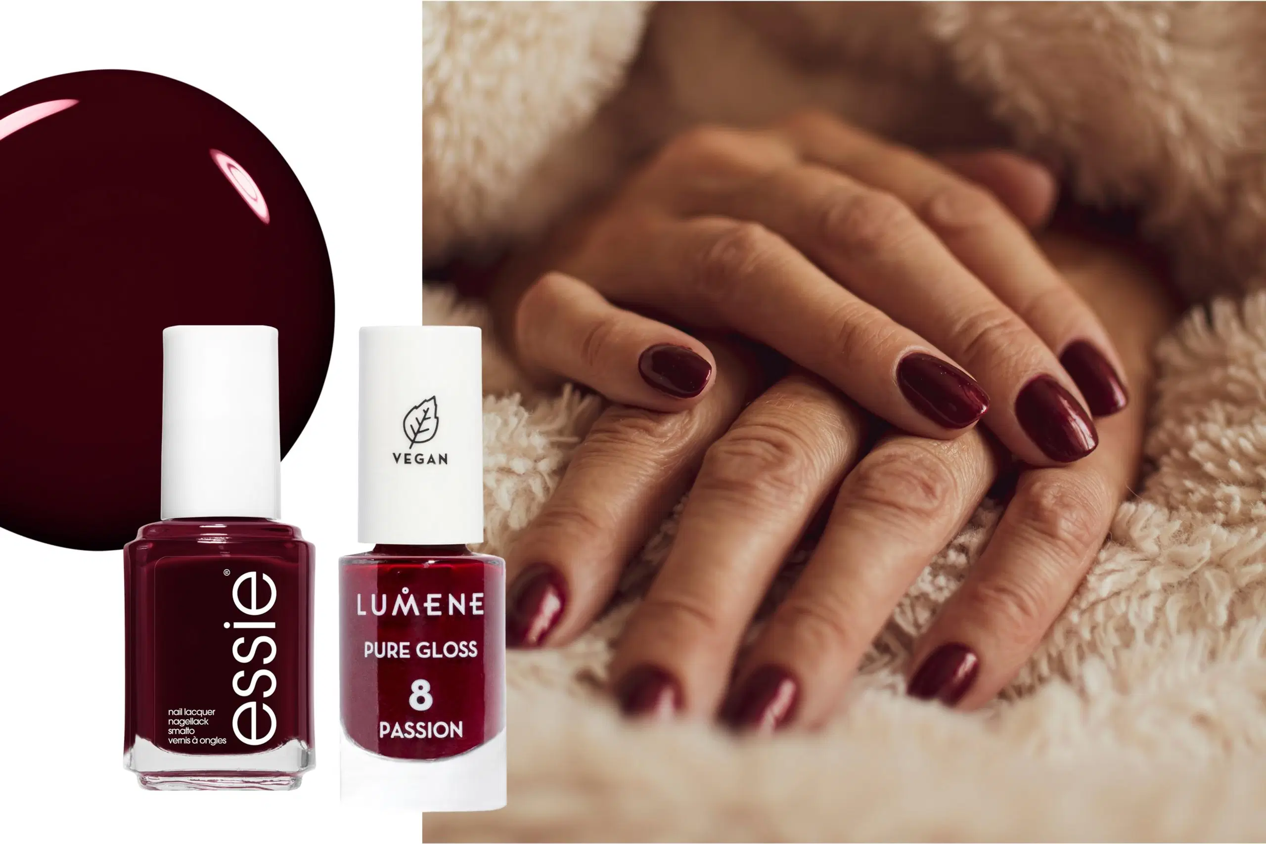 Kädet, tummanpunaisella lakatut kynnet, tuotekuvia