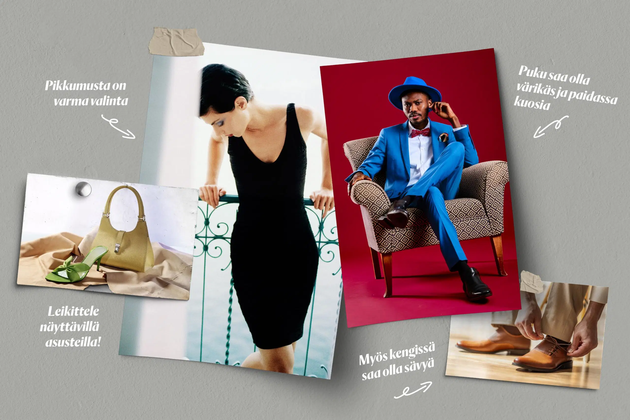 Nainen pikkumustassa, mies sinisessä puvussa