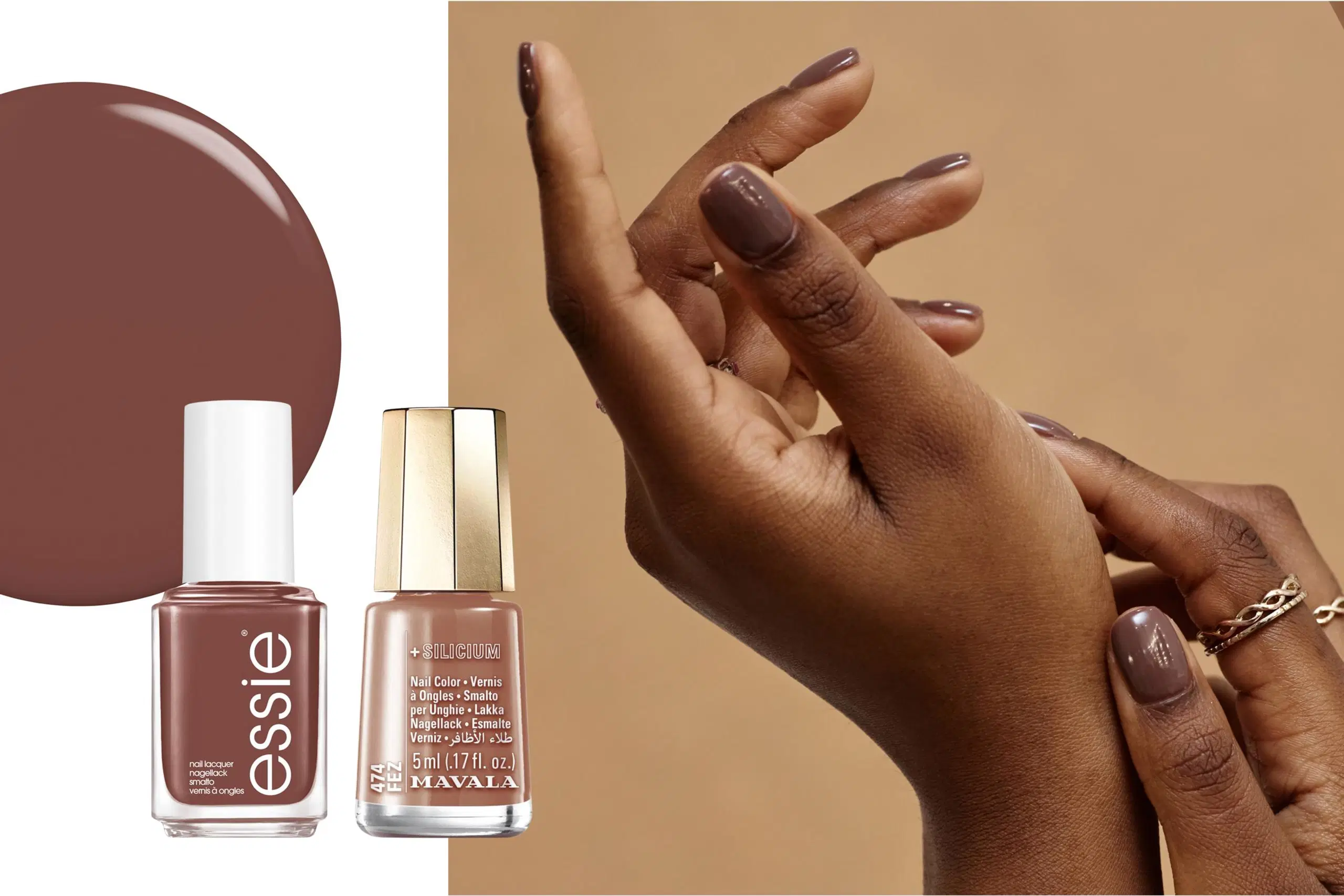 Kädet, kynsissä ruskeaa lakkaa, tuotekuvia