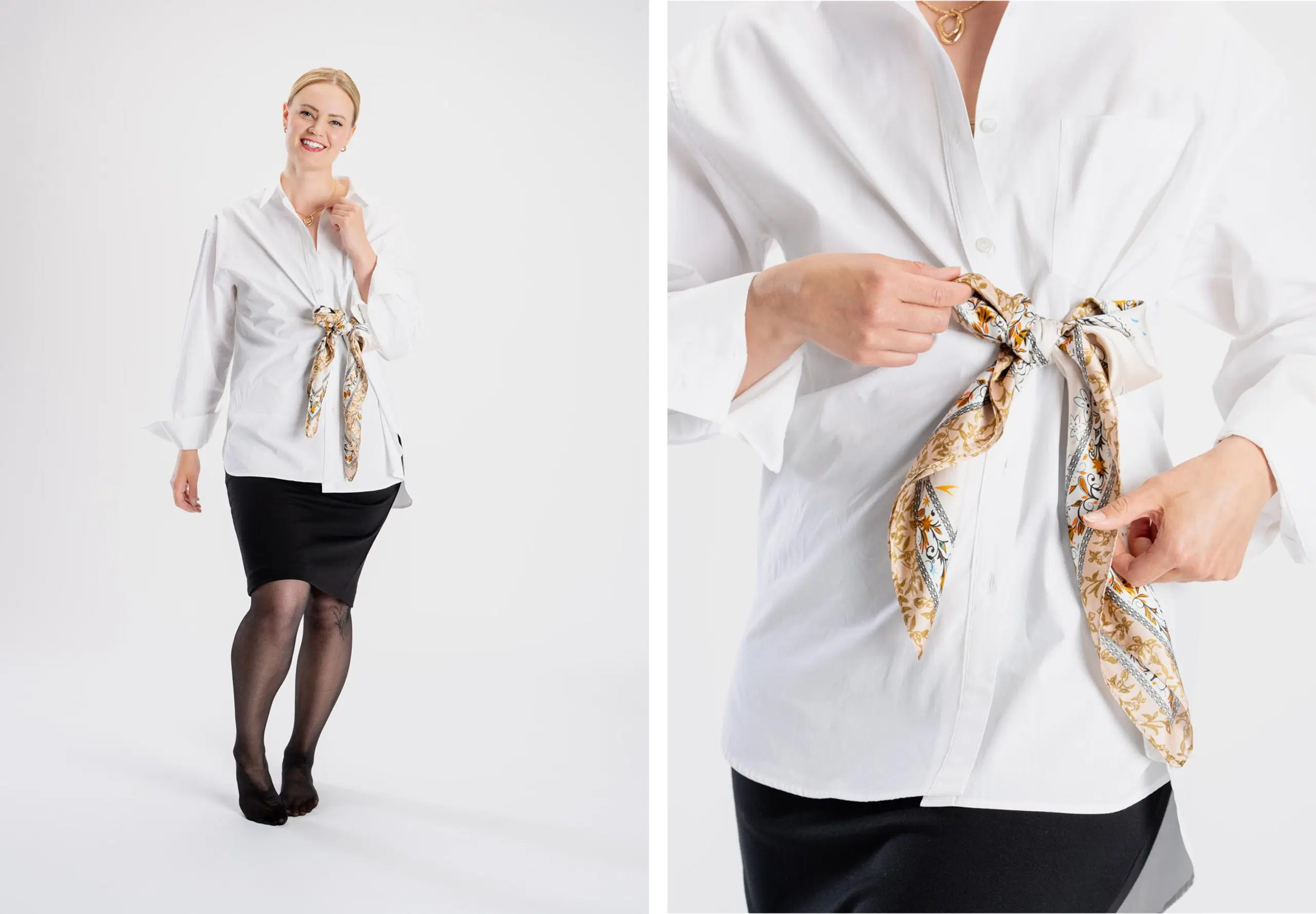 Mallilla on päällään kauluspaita, jota koristaa värikäs huivi.