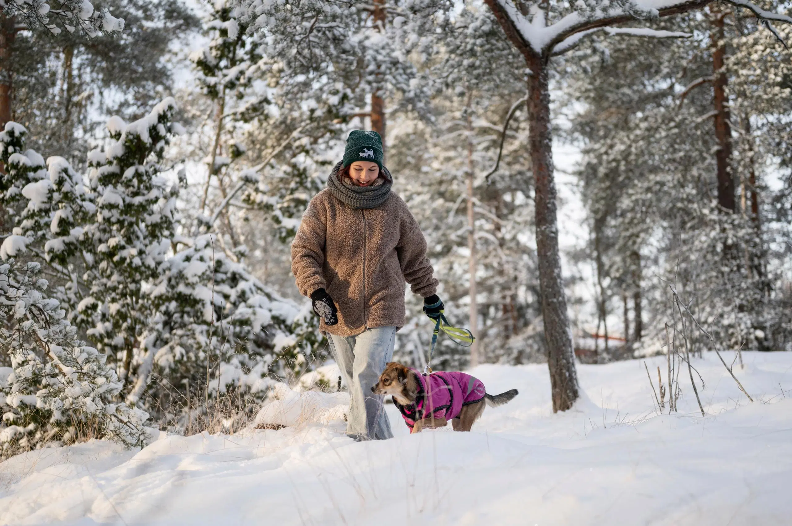 Inka Kansi koiransa kanssa lumisessa metsässä