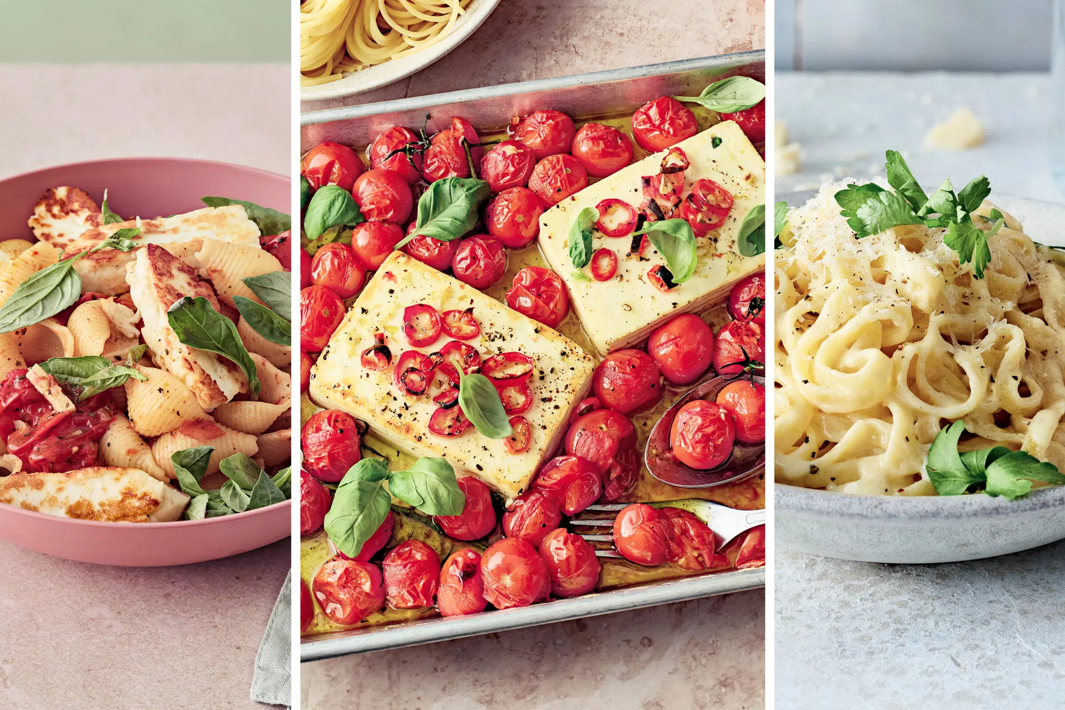 Kolme lihatonta pastaruokaa: gnocchia halloumilla, uunipellillä paahdettua fetaa ja kirsikkatomaatteja, sekä kermainen spagetti.