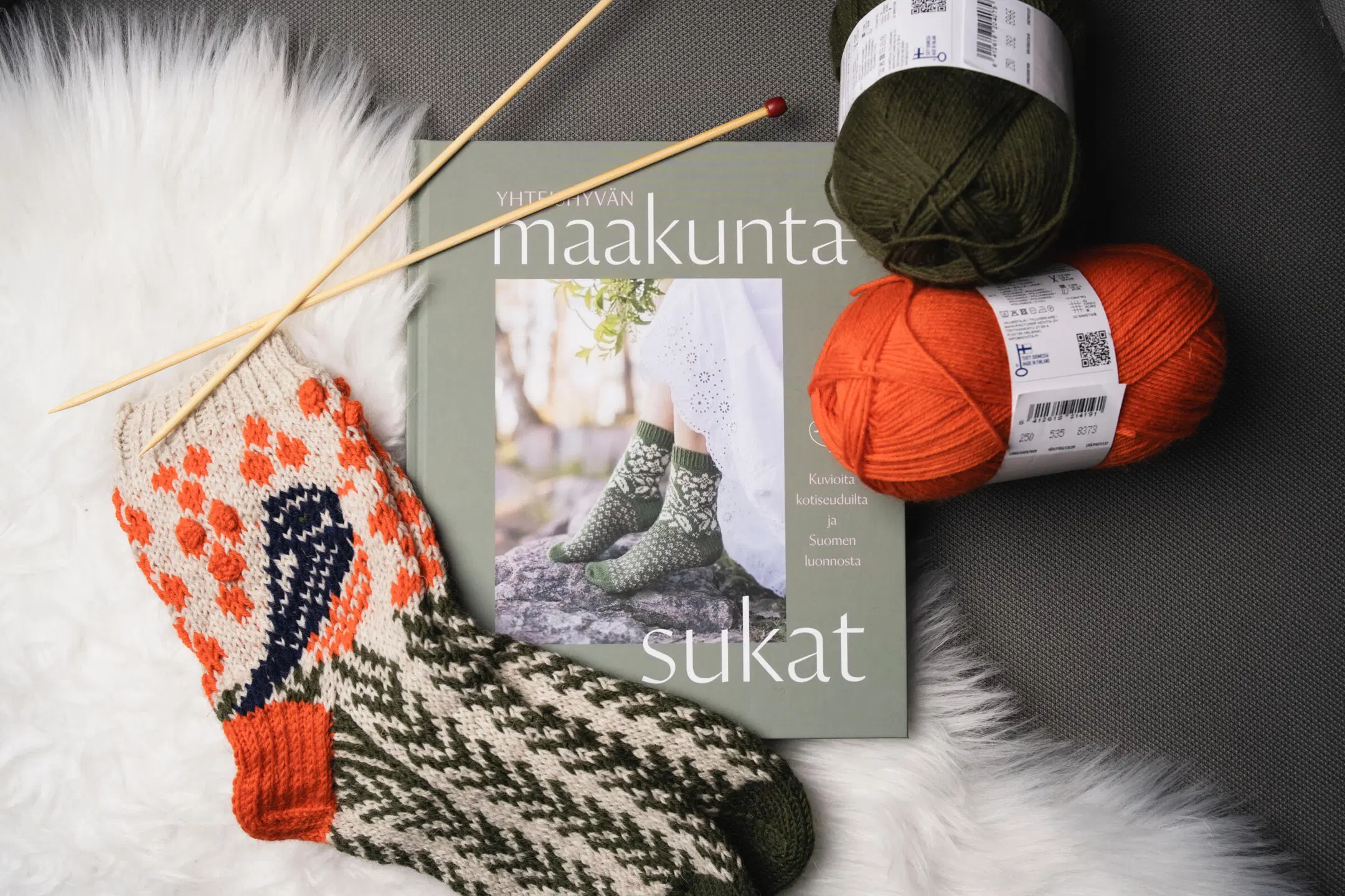 Yhteishyvän maakuntasukat -kirja, kaksi lankakerää, villasukat ja neulepuikot.