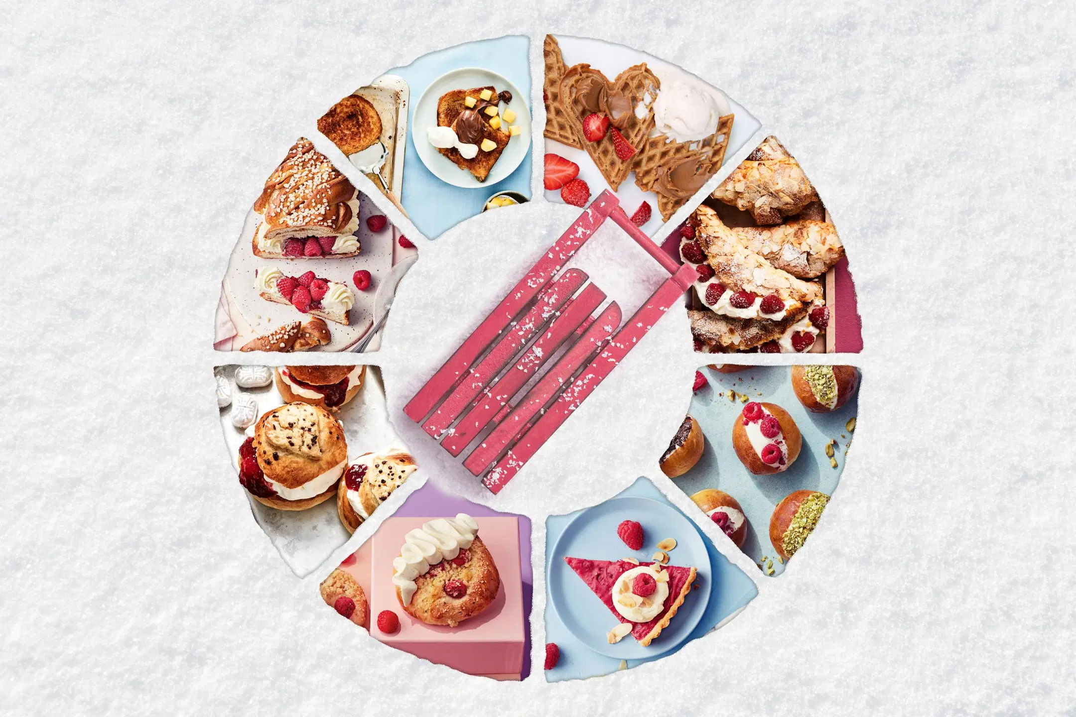 Laskiaisen herkut -onnenpyörä lumisella taustalla. 