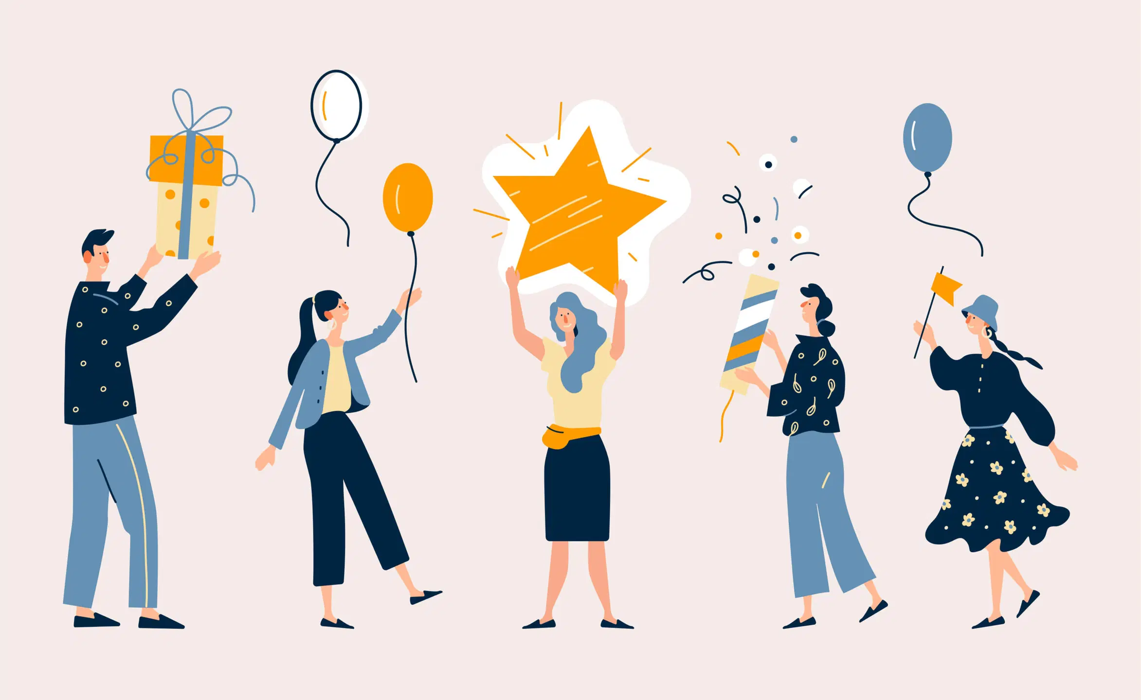 Piirretty kuva, jossa ihmisiä juhlimassa