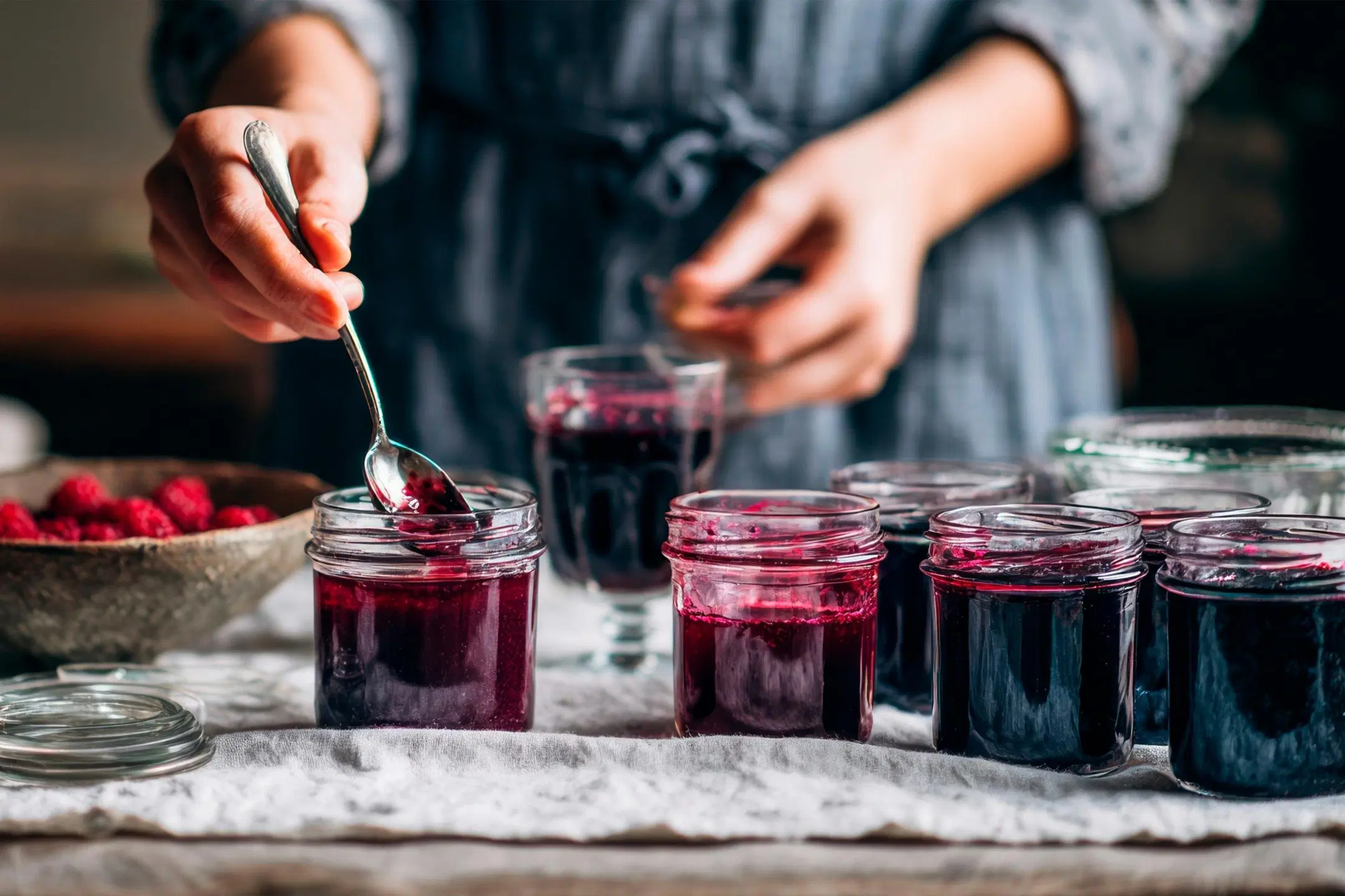 Hillopurkkeja ja käsi, joka ottaa hilloa lusikalla.