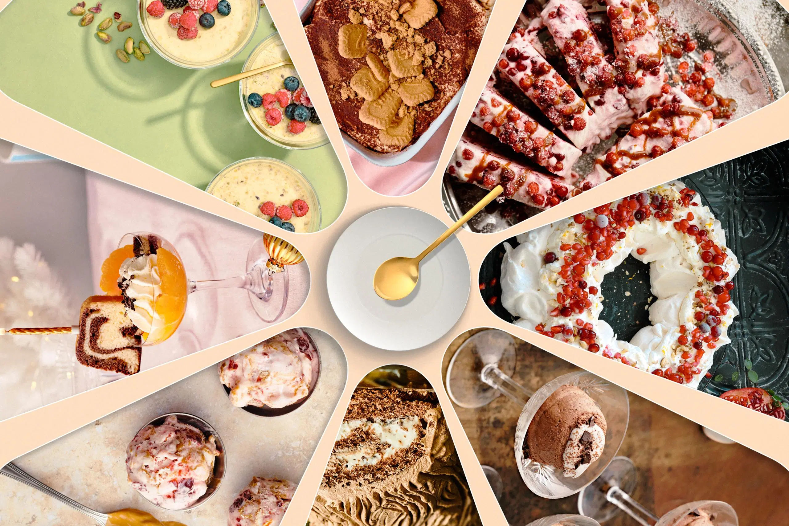 Pikkulautanen ja kultainen lusikka, joiden ympärillä on sektoreissa kuvia erilaisista jälkiruoista