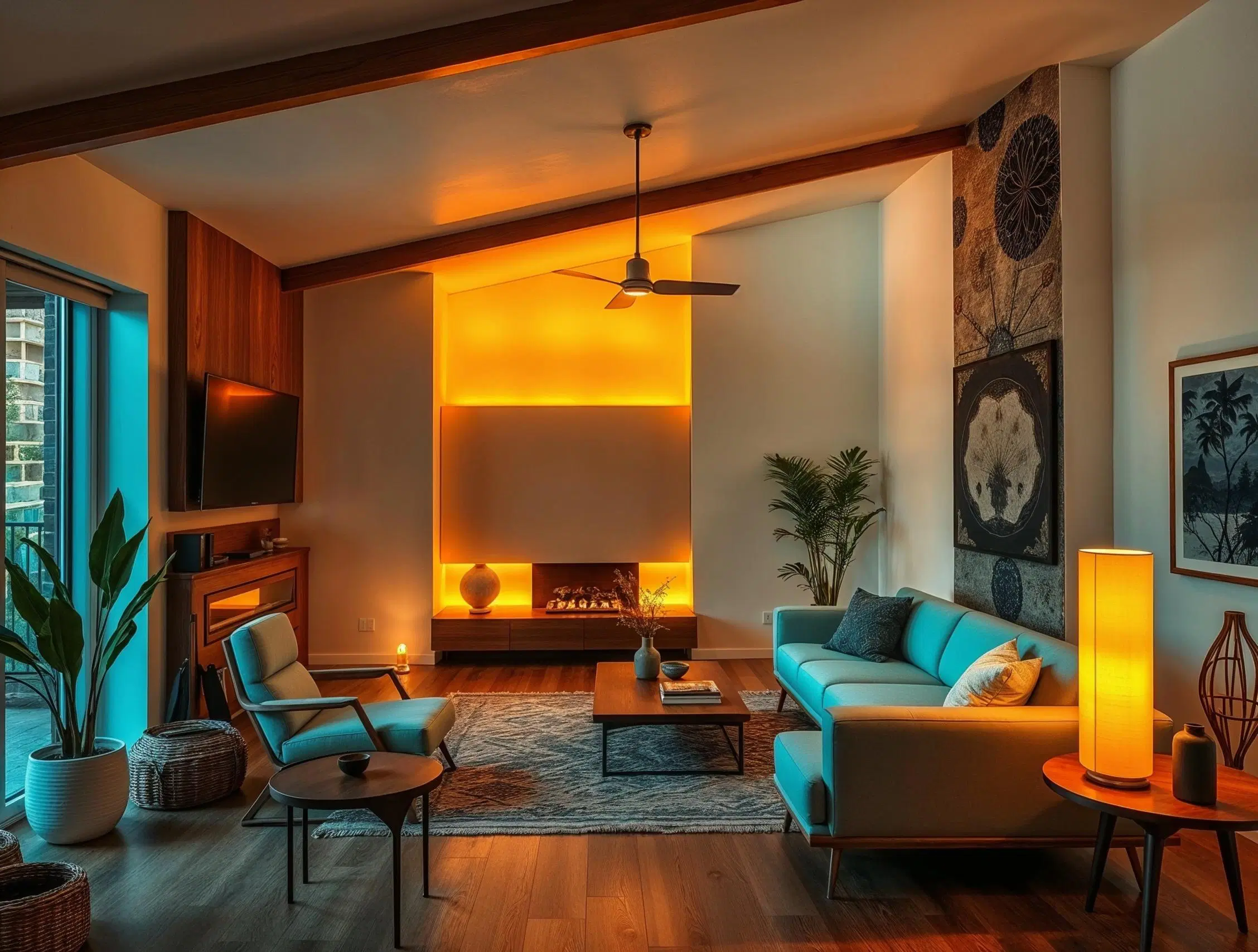 Värikkäillä valoilla sisustettu, tunnelmallinen olohuone