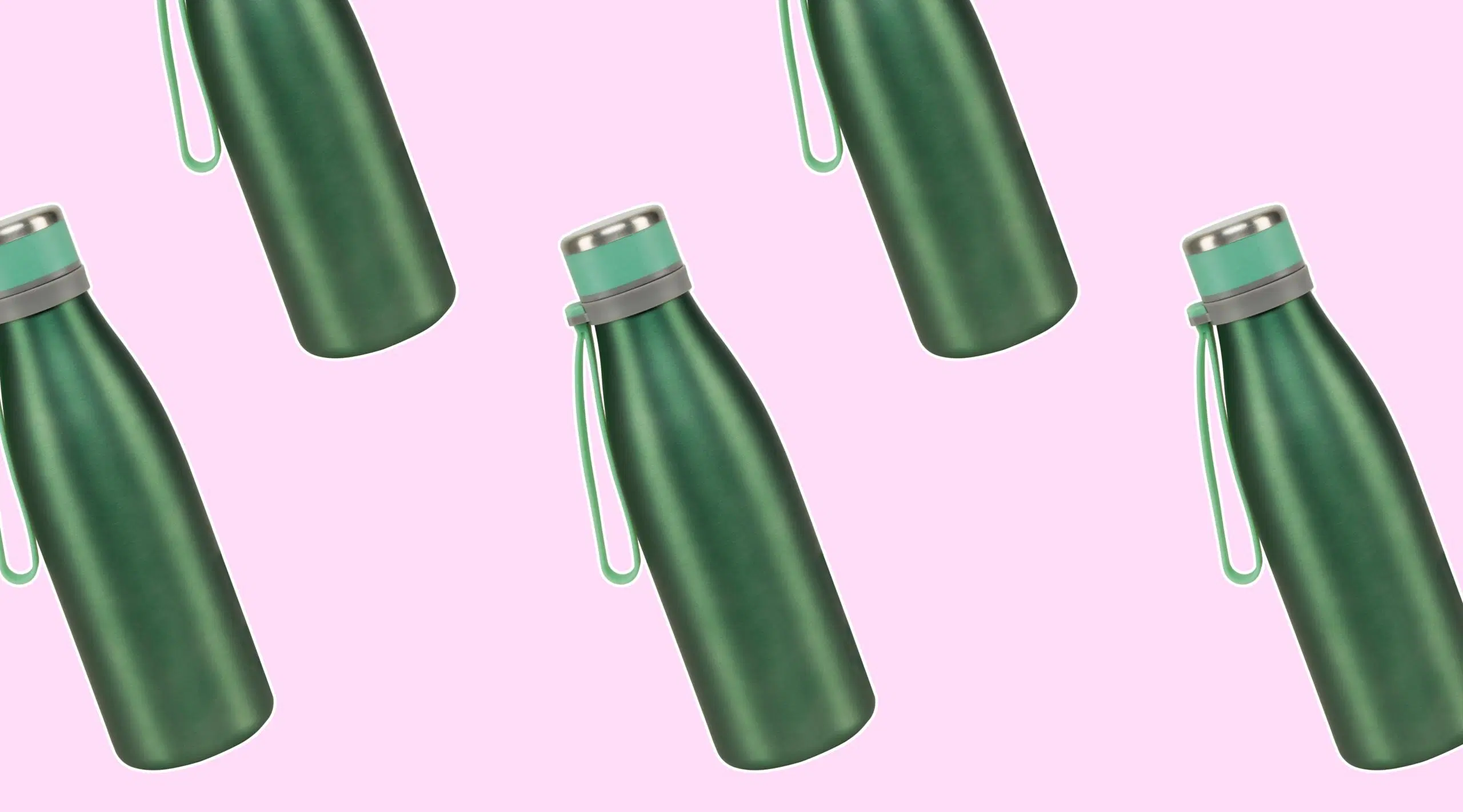 Teräksisiä juomapulloja vaaleanpunaisella taustalla.