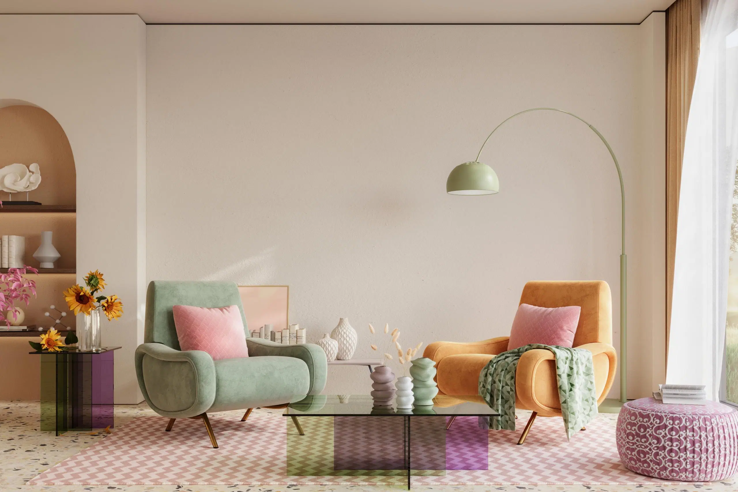 Värikäs olohuone, sisustettu pastellisävyillä
