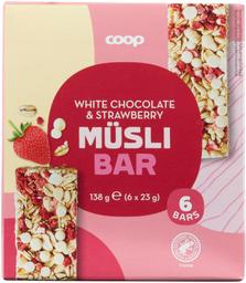 Coop müslibatoon jogurtipulbriga valge šokolaadi tükkidega 3% jakülmkuivatud maasikatükkidega 1% 138g