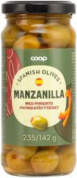 Coop Manzanilla rohelised oliivid paprikatäidisega, 235 g