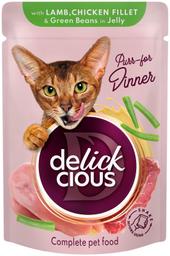 Delickcious Täisväärtuslik konserv täiskasvanud kassidele – Lambaliha ja kana roheliste ubadega želees, 85 g