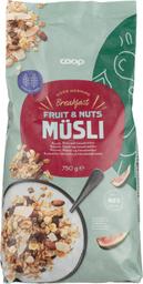 Müsli täisterahelvestest, rosinatest 25%, viigimarjadest 8%,sarapuupähklid 4%, banaanilaastudest 2% ja kookoslaastud 2% 750g