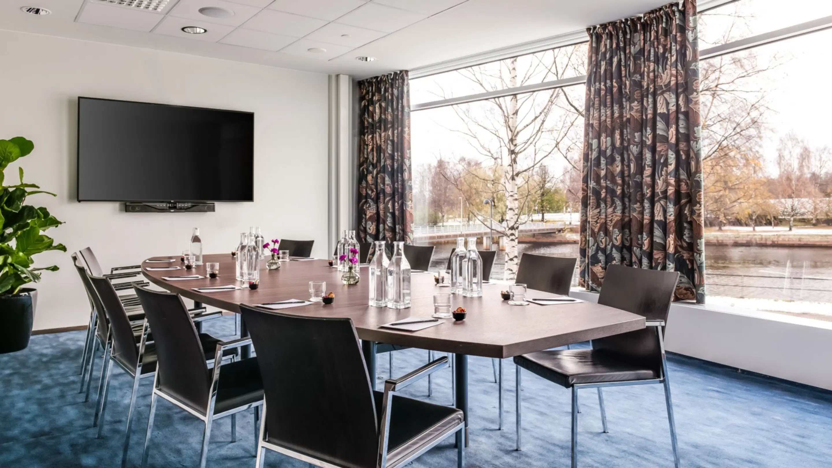 Modern meeting room with wooden table, black chairs, TV display and large window overlooking water view. Blue carpet and green plant in the corner.