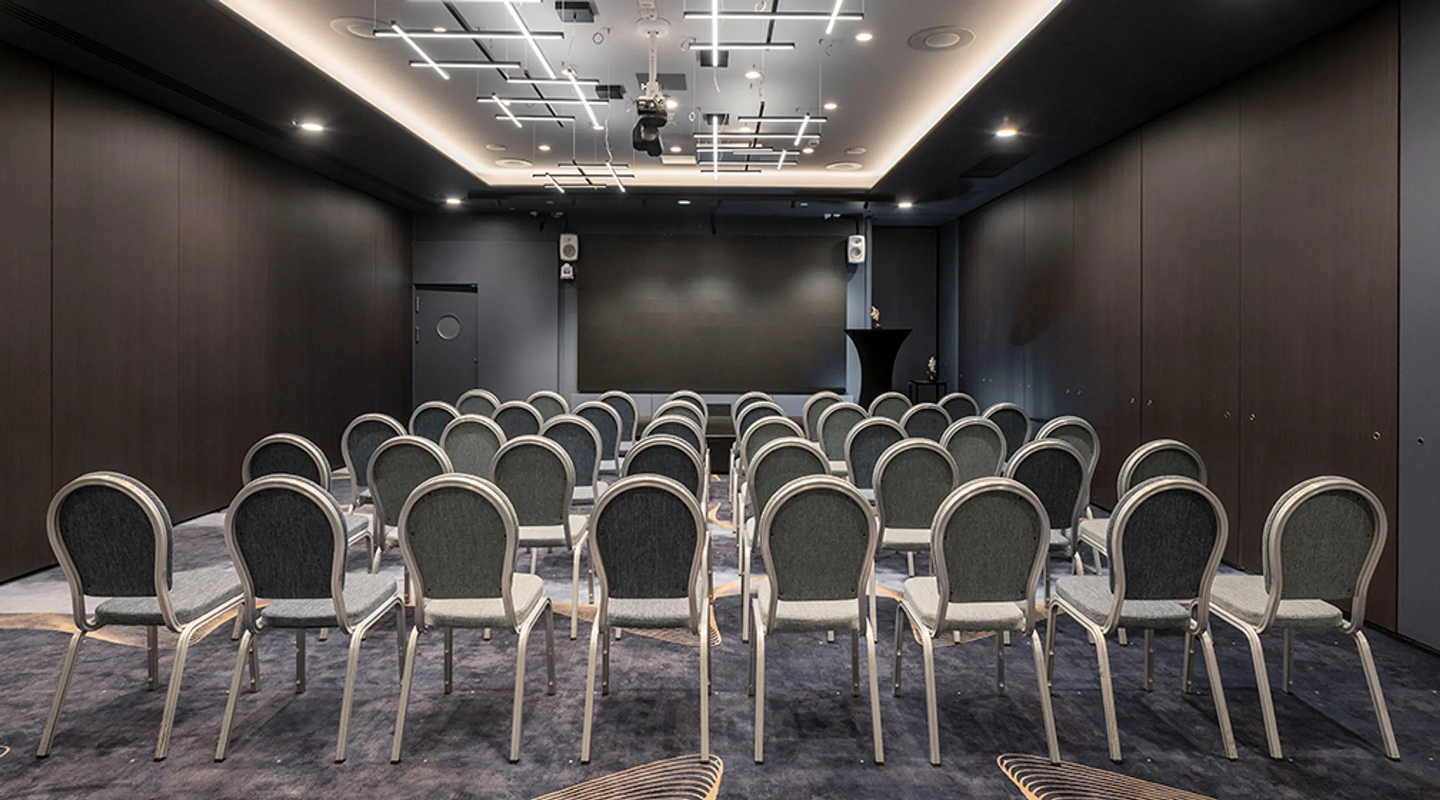 Auditorio, jossa on useita rivejä harmaita pehmustettuja tuoleja. Edessä on iso valkokangas ja puhujankorokkeen pöytä. Lattialla on kuviollinen matto, katossa linjamaiset valot ja seinät ovat tummat.