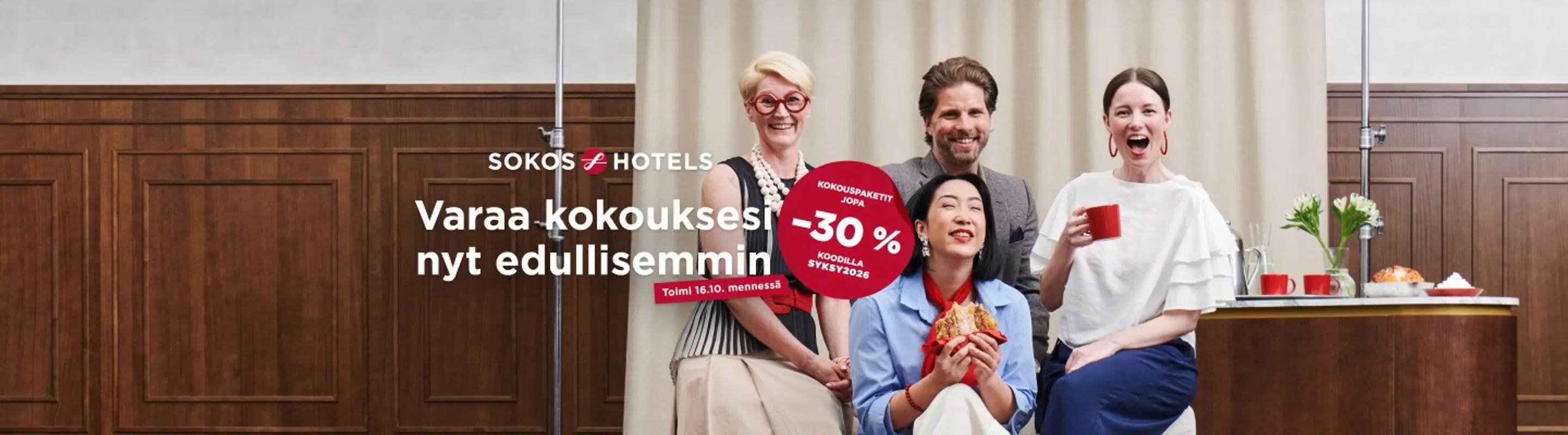 Varaa kokouksesi nyt edullisemmin. Toimi 16.10. mennessä. Kokouspaketit jopa -30 % koodilla SYKSY2026.