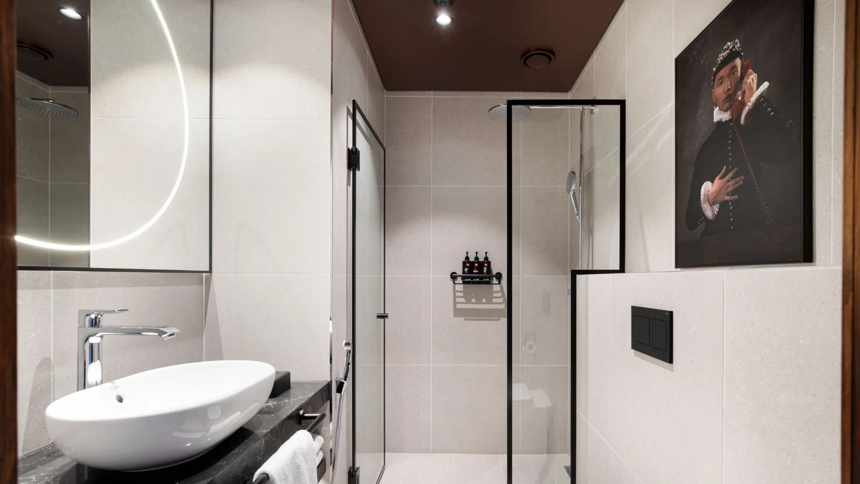 Modern bathroom featuring white oval sink, illuminated mirror, glass-walled shower, and a historical portrait artwork on the wall.