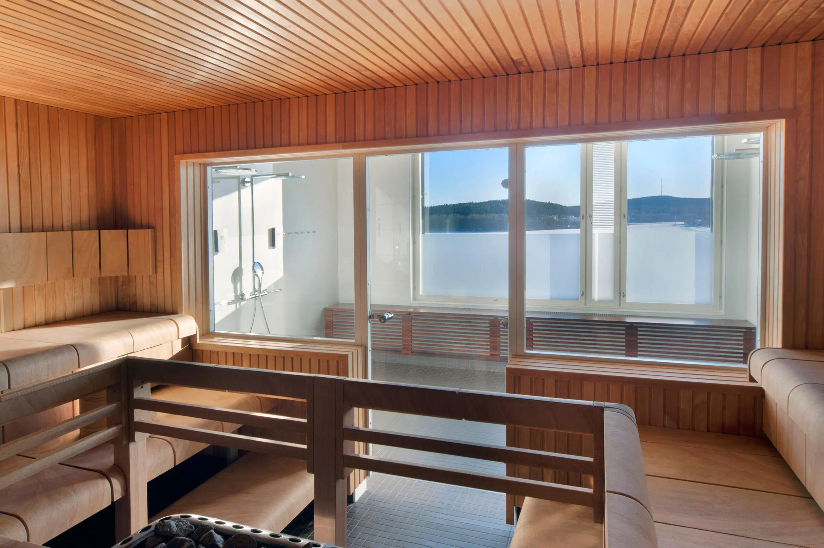 Modern sauna with wooden paneling and lake view. Light-colored benches and shower area visible through the window.