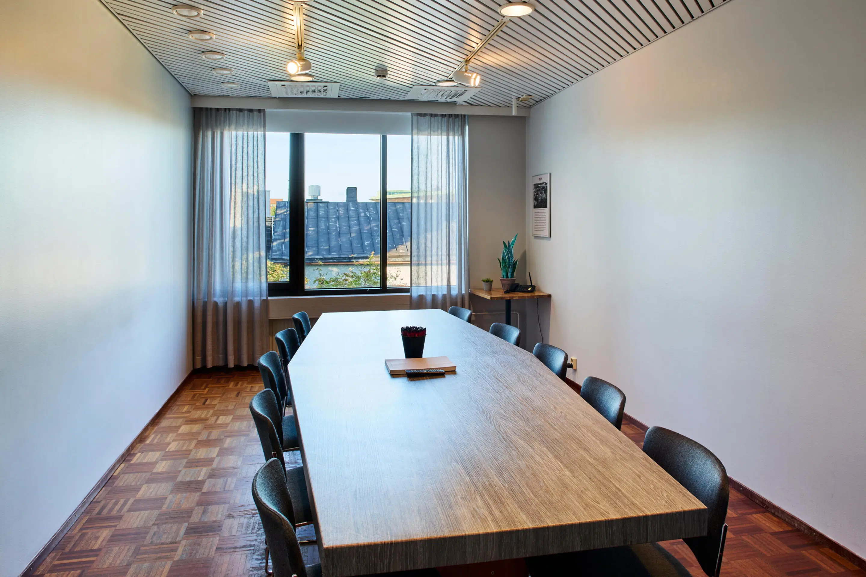 Bright meeting room with wooden table, black chairs, parquet flooring and large window. Room features green plants and minimalist décor.