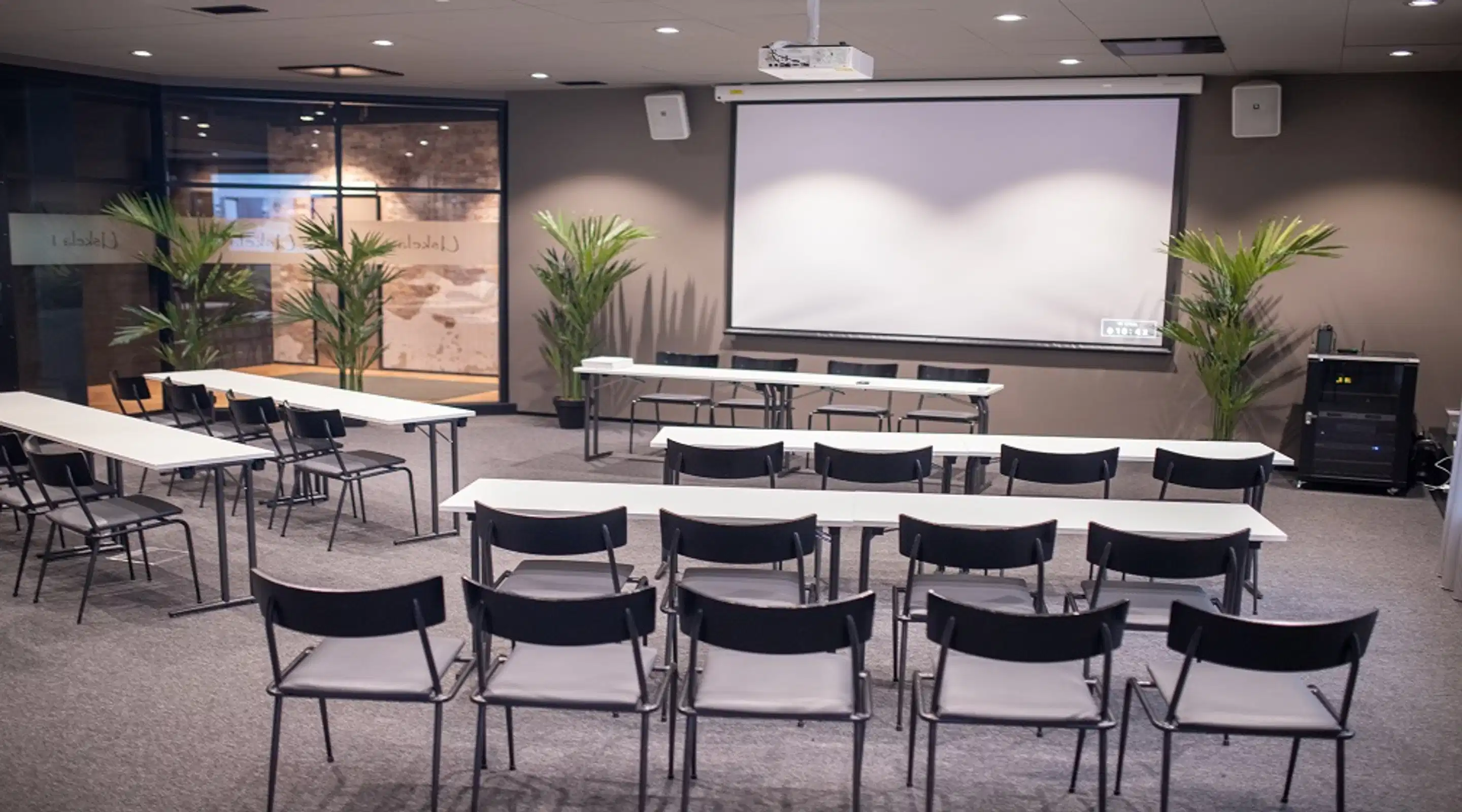 Conference room with tables and chairs in seminar arrangement, projection screen at front and green plants on both sides. Floor is flat grey wall-to-wall carpeting.