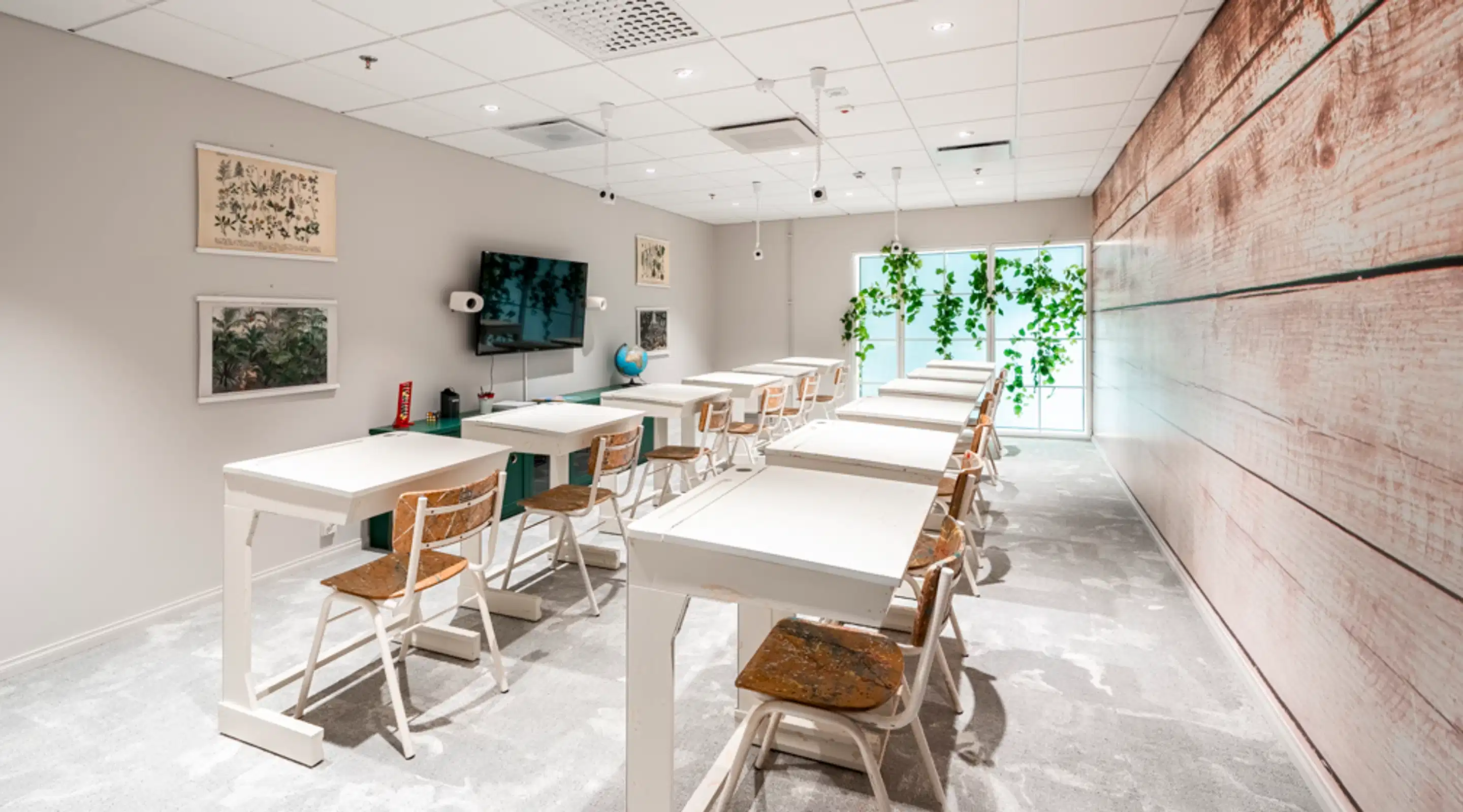 Modern meeting room with white tables and wooden chairs. Wall-mounted TV and plants by the window. Space has hard flooring and good lighting.