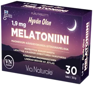 Hyvän Olon Melatoniini 1,9 mg+Magnesium-Kärsimyskukka-Sitruunamelissa 30tabl Via Naturale