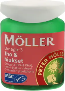 Möller Omega-3 Iho & hiukset Omega-3-rasvahappo-peltokorte-vitamiini-kivennäisainekapseli ravintolisä 76g/60kaps