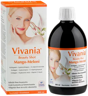Vivania Beauty Shot Mango-Meloni Kollageeni-hyaluronihappo-C-vitamiini ravintolisä 500 ml
