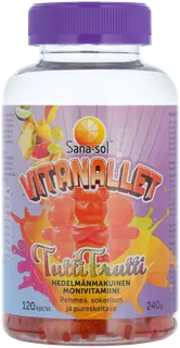 Sana-sol Vitanallet Tuttifrutti Limited Edition pehmeä, sokeriton ja pureskeltava hedelmänmakuinen monivitamiinivalmiste ravintolisä 120kpl / 240g