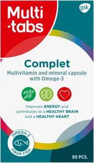 Multi-tabs Complet Monivitamiini + Omega-3 90 kapselia, aikuisille ja yli 11-vuotiaille lapsille, ravintolisä
