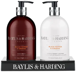 Baylis & Harding Men's Black Pepper & Ginseng 2 Bottle Set in a Black Acrylic Rack lahjapakkaus