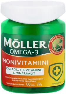 Möller Omega-3 Monivitamiini Omega-3-rasvahappo-vitamiini-kivennäisainekapseli 79g/60kaps