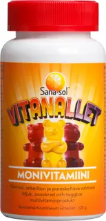 Sana-sol Vitanallet Vadelman-, appelsiinin- ja mustikanmakuinen pehmeä, sokeriton ja pureskeltava monivitamiinivalmiste 60kpl