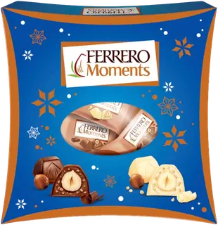 Ferrero Moments Maitosuklaa- ja suklaakonvehteja, joissa on sisällä kokonainen hasselpähkinä. Valkosuklaakonvehteja – sisällä kokonainen hasselpähkinä ja riisimuroja (5%).