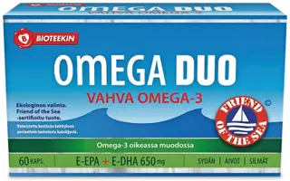 Bioteekin DUO E-EPA+E-DHA 650 mg Omega-3 kalaöljykapselit 60 kaps.