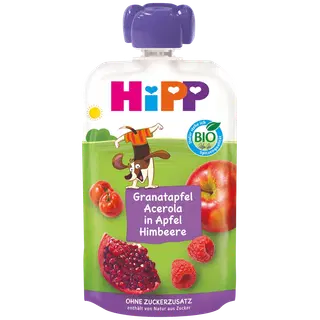 Õuna-vaarikapüree granaatõuna ja acerola-kirsiga mahe 12+, HIPP, 100 g
