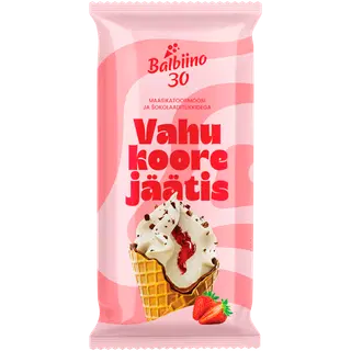 Vahukoorejäätis maasikatoormoosi ja piimašokolaaditükkidega vahvlikoonuses, BALBIINO, 94 g