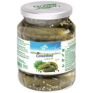 Green kornišonid 1-4 cm ürtidega 370 ml